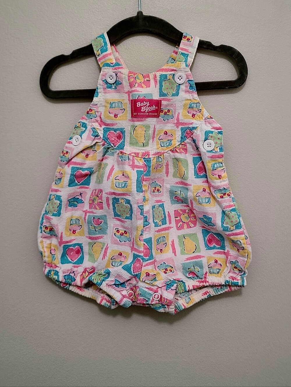 Vtg Oshkosh Baby B’Gosh Vestbak Overalls Bubble Romper Girls 3/6M Heart Flower
